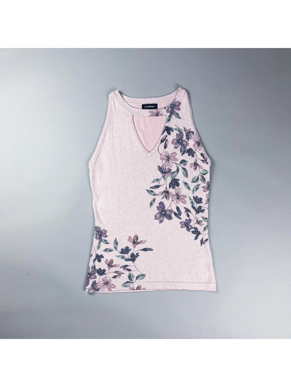 Vintage Floral Sleeveless Knit Top with Keyhole Detail